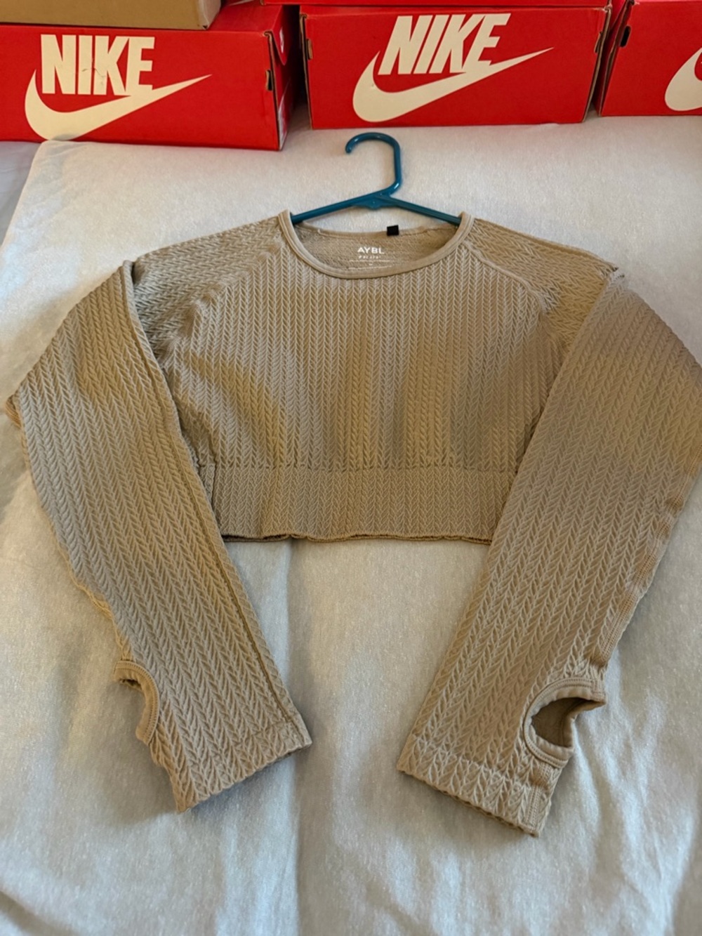 AYBL Taupe Textured Cropped Sweatshirt with Thumbholes